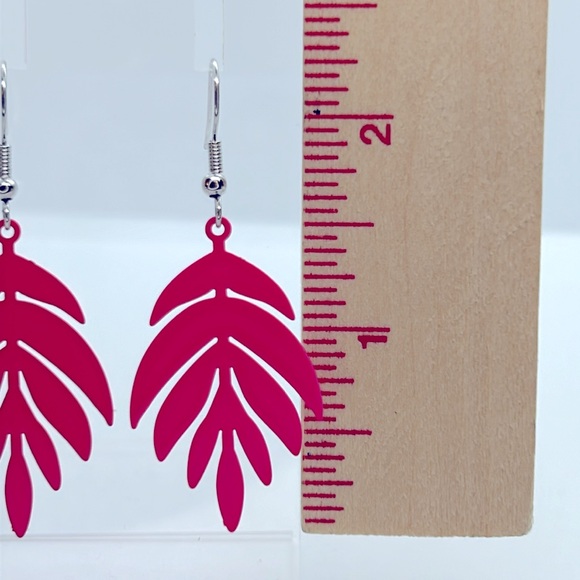 Brass Leaf Fluorescent Pink Earrings - Picture 3 of 3